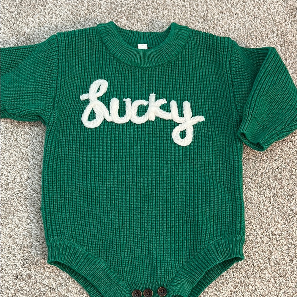 Green Knit Baby Onesie with 'Lucky' Text